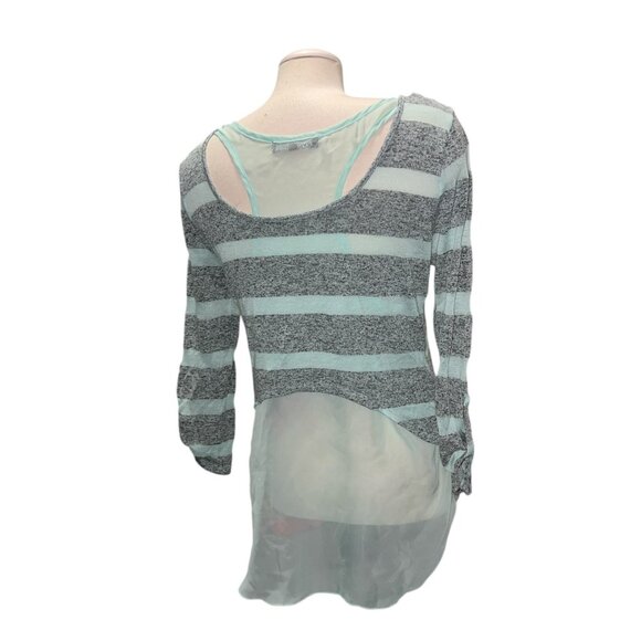 Almost Famous Womens Sheer Back Striped Long Sleeve Top Sz Large Gray & Mint Lig - Picture 2 of 10